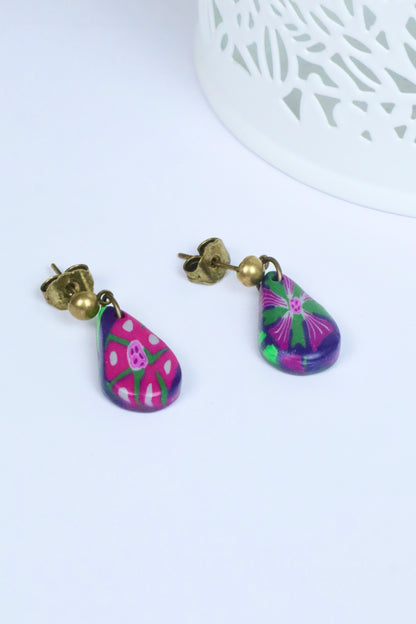 Boucles d'oreilles en pâte polymère, violette, rose et verte
